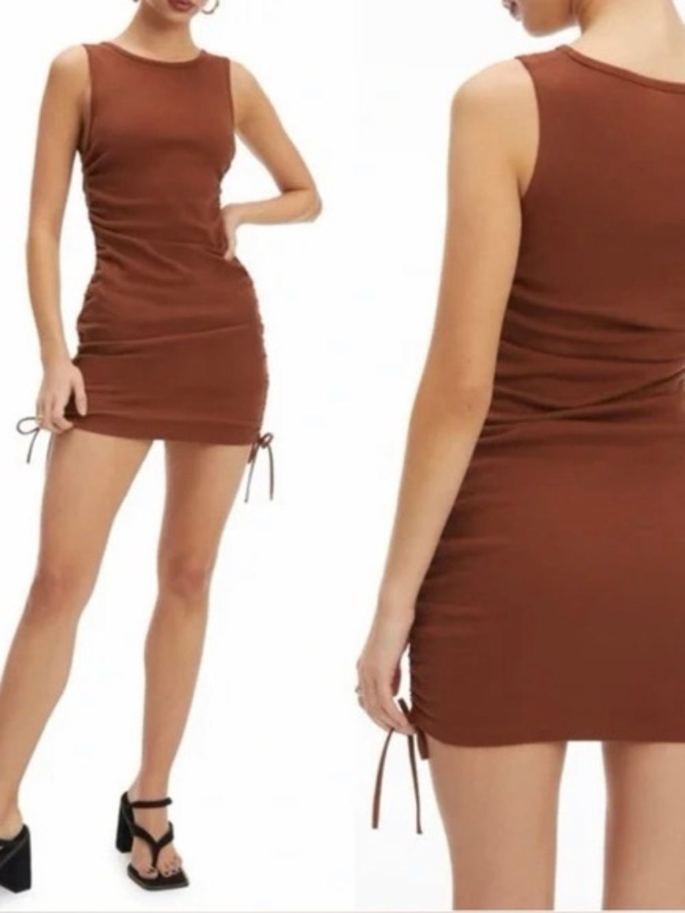 Ribbed rust/tan midi dress with side ruching, adjustable length tie ups